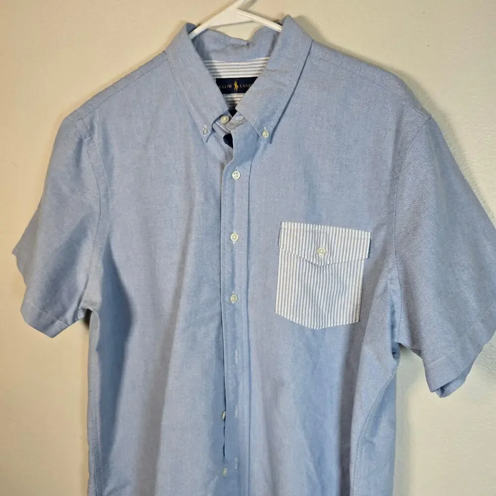 Polo Golf Ralph Lauren Shirt L Blue Cotton Oxford Contrast Pocket Preppy Classic